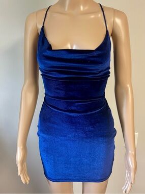 Lucy in the Sky Cobalt Blue Velvet Mini Dress with Cowl Neck